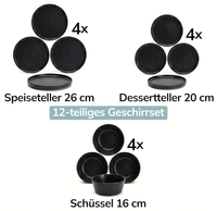 Pure Living Steingut Geschirrset 4 Personen Manhattan 12-Tlg Tafelservic Schwarz