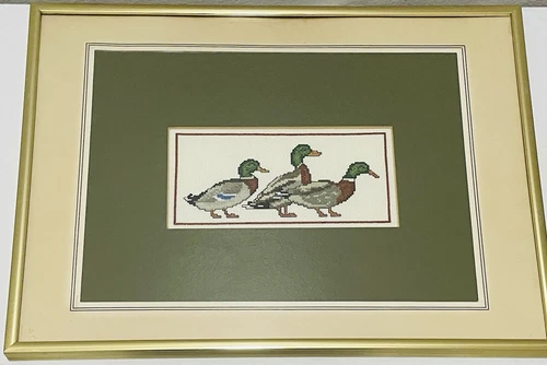 Elegant Vintage Gold Framed & Matted Three Mallard Ducks Needlepoint 18”x14”