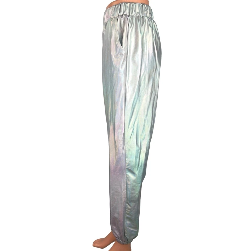 Pantalones deportivos para mujer iridiscentes plateados cromados brillantes metálicos arco iris talla S Foto 2 de 4