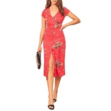 Reformation Denise Midi Dress (Sz XL) Button Down Tencel Red Fiji Print