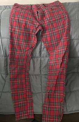 Pull&Bear Women s Red Plaid Pants Ankle Zip Zipper Accent EU 38 Regular US 4/6