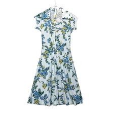 Vintage Womens Shift Dress 8 S/M Big Collar Short Sleeve Blue Floral Cottagecore