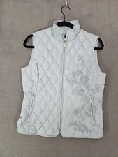 Eddie Bauer Womens Goose Down Quilted Vest Full Zip Blue Embroidery Floral Small