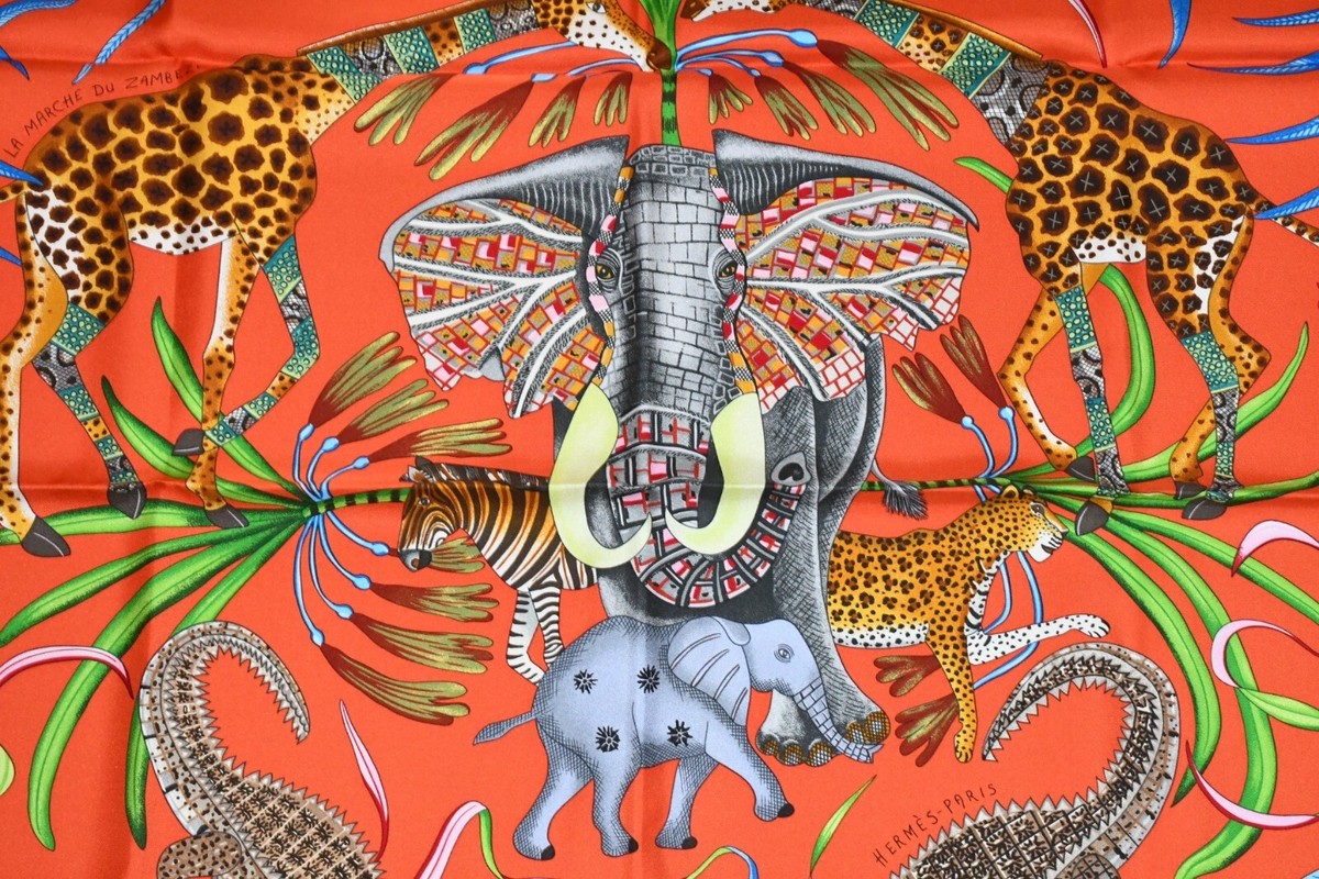 Hermes Scarf La Marche du Zambeze 90 cm silk orange Carre