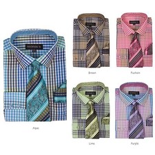 Men's Plaid Checks Design Dress Shirt w/ Matching Tie  Hanky Set 627