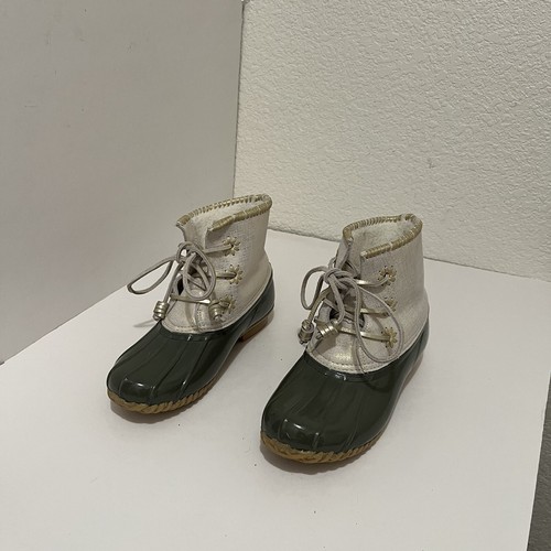 JACK ROGERS Green & Metallic Gold Waterproof Insulted Duck Boots Lace Up Size 7 - Picture 3 of 11
