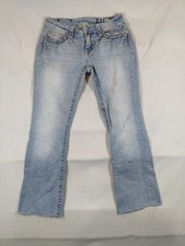 Miss Me Jeans Women's 30 Signature Bootcut Distressed Raw Hem Western Denim Blue