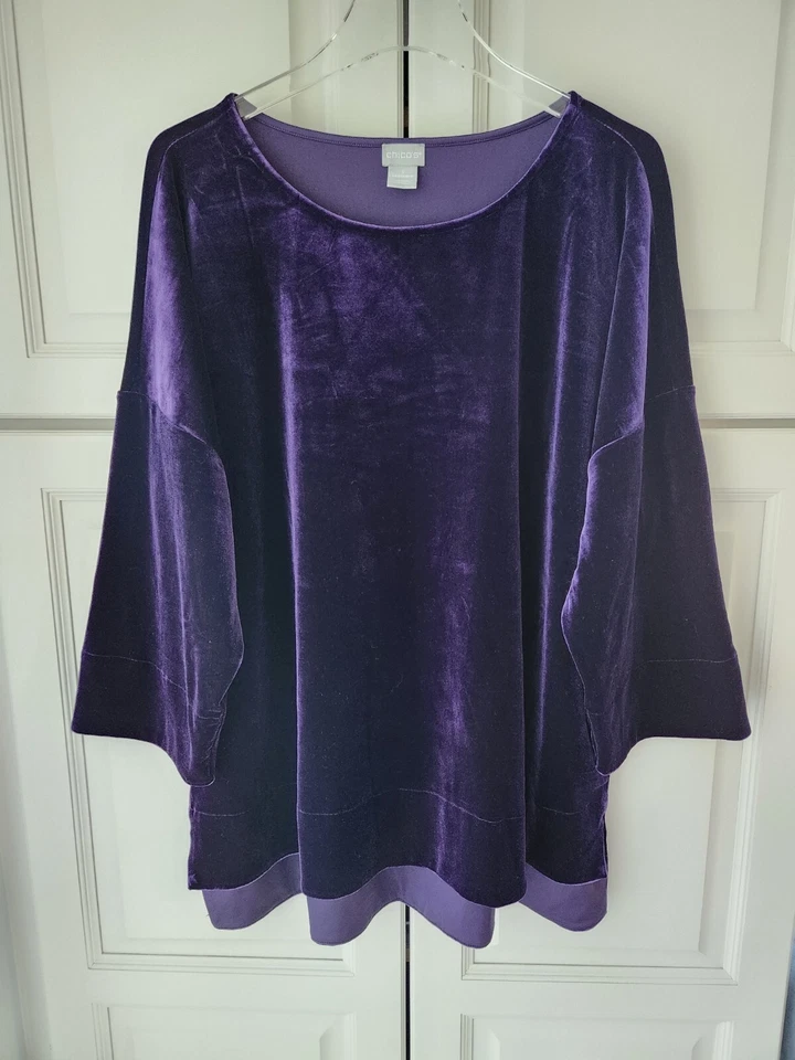 Chicos Velvet Blouse Size 3 XL 16 18 Royal Purple Relaxed Long Sleeve Round Neck - Image 2 of 4