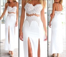 NEW Women's White Eyelash Lace Dress S Small Illusion Mesh Maxi Slit Wedding