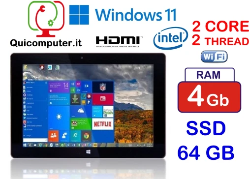 TABLET PC CONVERTIBILE 10 POLLICI INTEL N4000 WINDOWS 11 RAM 4GB SSD 64GB HDMI - Immagine 2 di 4