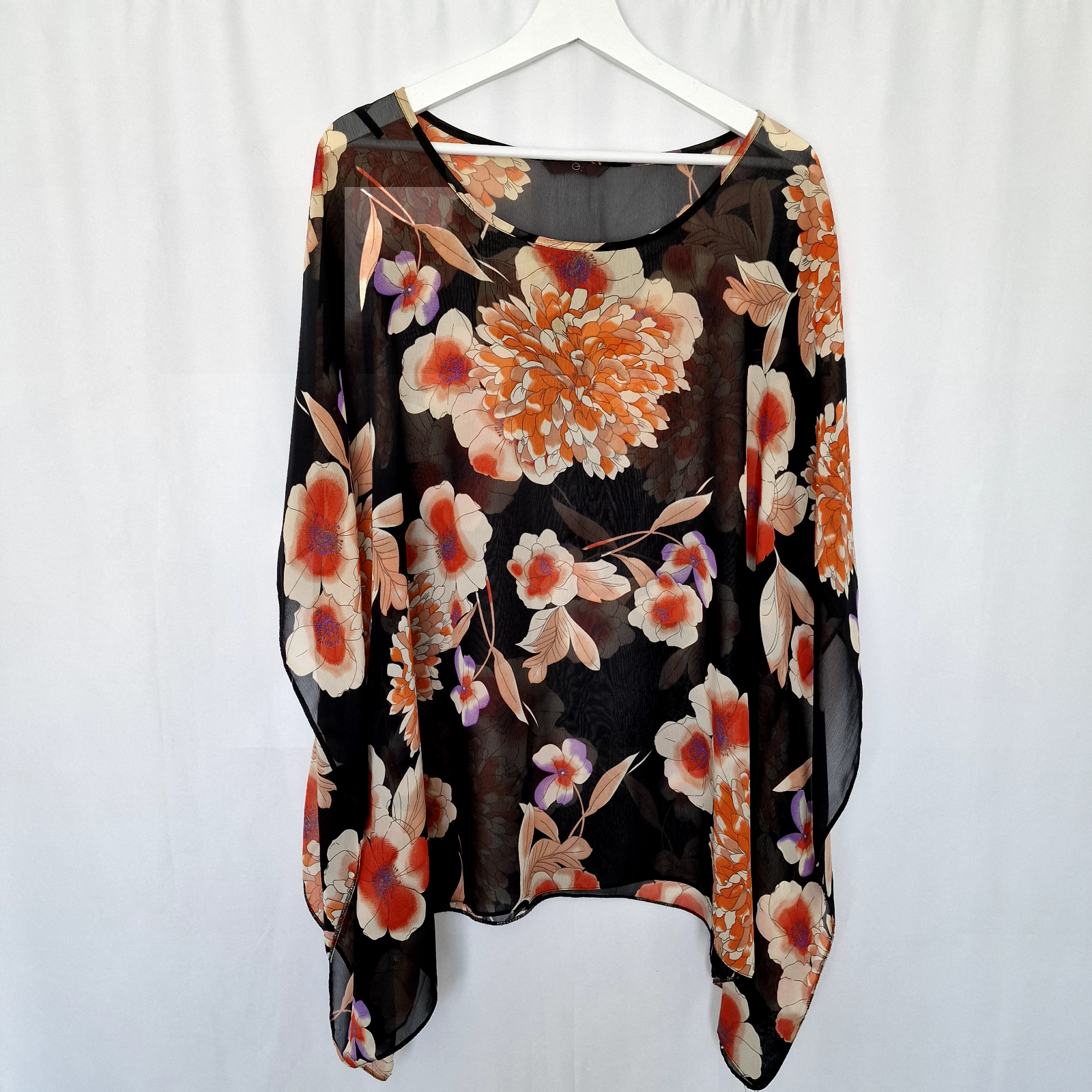 Boho Blouse Women Size 22-24 Black Orange Floral Belted Hanky Hem-image