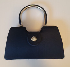 Vintage d Navy Fabric small Evening Bag Purse w hard handle and rhinestones snap