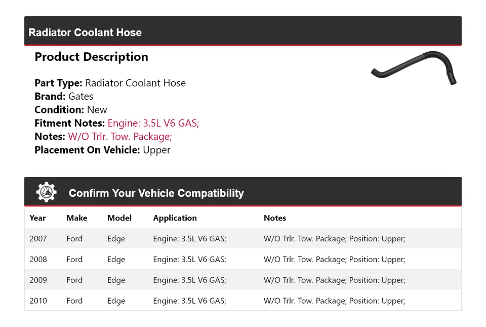 Для 2007-2010 Ford Edge 3,5 л V6 газовый радиатор шланг охлаждающей жидкости верхние ворота 2008 2009 - Изображение 2 из 4