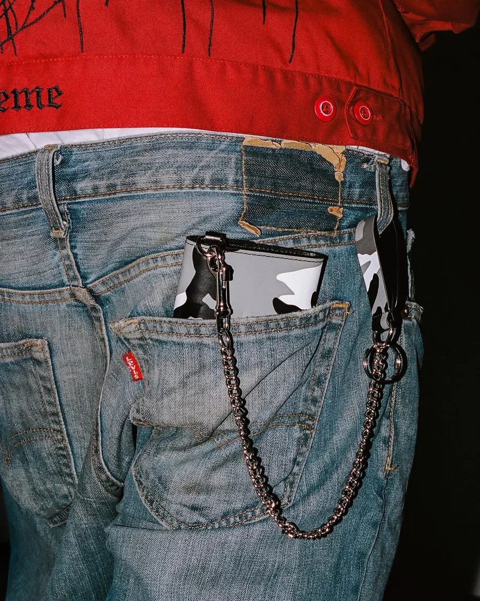 Supreme Leather Chain Wallet 25SS Trifold Black Snow Camo Red