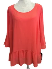 I.N. Studio Coral Chiffon Tunic Blouse with Inner Tank Top  SZ 1X Tag $44 NWT ++