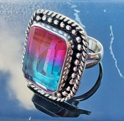 VINTAGE GROSSER 925 STERLING SILBER RING MYSTISCHER QUARZ EDELSTEIN GRÖSSE 12