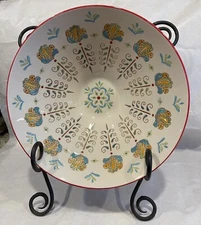 Dutch Wax Ceramic Embossed Peacock Serving Bowl Hand Painted Green Exterior 9.8"