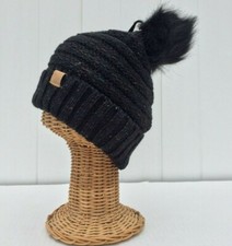 Winter Warm Black Knit Stretch Beanie Hat with Silver foiled faux fur Pom Pom A