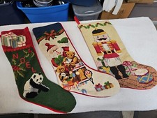 Set Of 3 Tapestry Needlepoint Christmas Stockings Santa Nutcracker Noel Panda