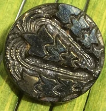 Antique Black Glass Button Art Deco Art Gold Foil Relief Tunnel Shank 5/8"