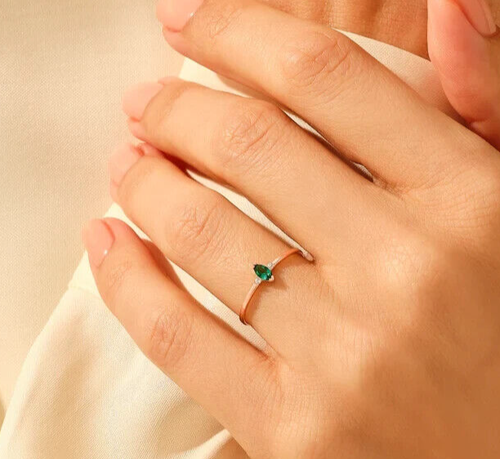 Anillo de oro amarillo macizo de 14 k marquesa esmeralda y diamantes anillo de piedra de nacimiento de mayo para mujer - Imagen 6 de 8
