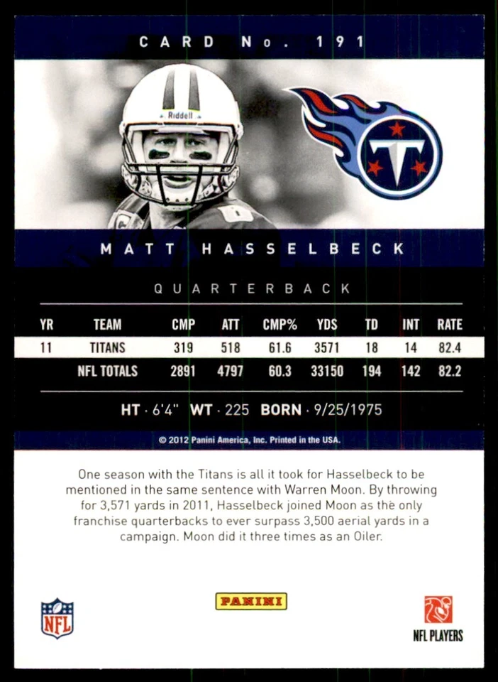 2012 Panini Prestige Matt Hasselbeck Football Cards #191 - Image 2 of 2