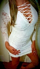 Sexy White Long Sleeve Sheer Lace Up Mini Club Caged Cocktail Dress Small