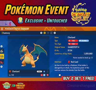 Nintendo Charizard Event 6IV Gamestop Event Untouched Pokemon Scarlet and Violet | Nintendo Switch | 2023 | Role Playing | Region Free | Multiplayer | E-Everyone | United States Nintendo Charizard Event 6IV Gamestop Event Untouched Pokemon Scarlet and Violet | Nintendo Switch | 2023 | Role Playing | Region Free | Multiplayer | E-Everyone | United States