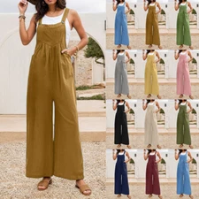 Women's Strappy Overalls Wide Leg Jumpsuit Dungarees Pocket Romper Playsuits