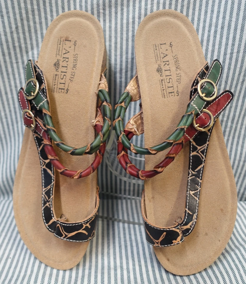 SPRING STEP L'ARTISTE~NEW!!~MULTI-COLOR 'SNALL' BRAIDED STRAPS THONG SANDALS 9M - Image 2 of 4
