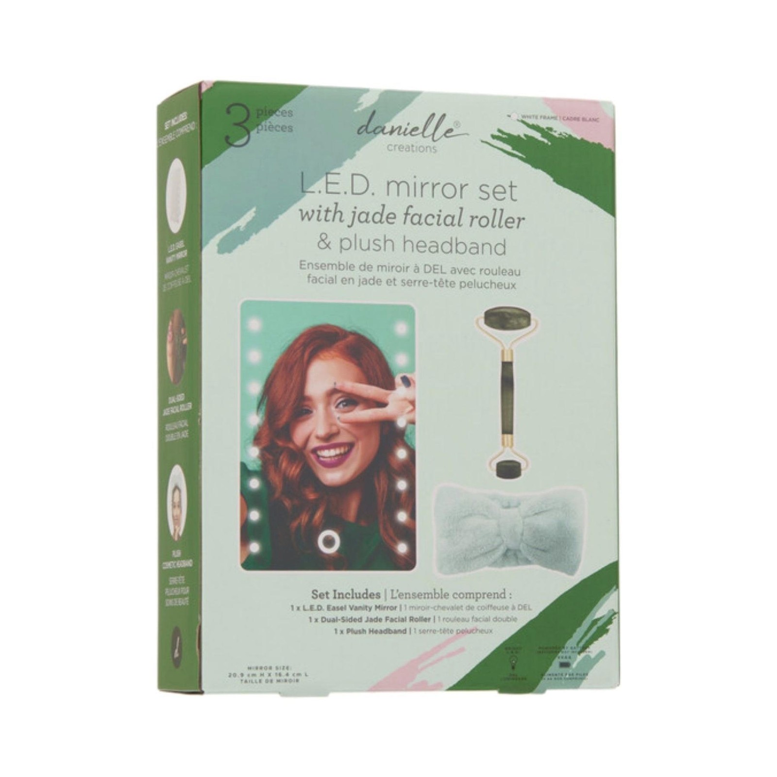 LED Mirror Gift Set Jade Facial Roller Headband Beauty Skincare Pamper 3pc