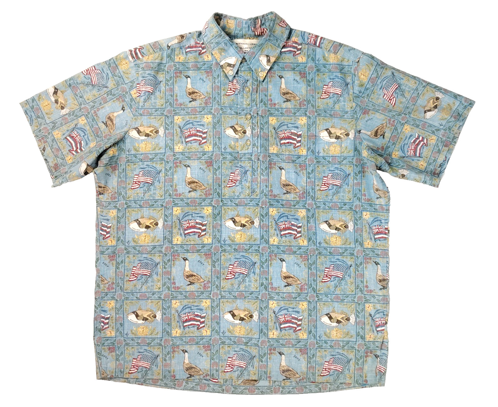 Reyn Spooner Dietrich Varez Hawaiian Shirt 2007 Hawaii State Flag Fish Bird Sz L