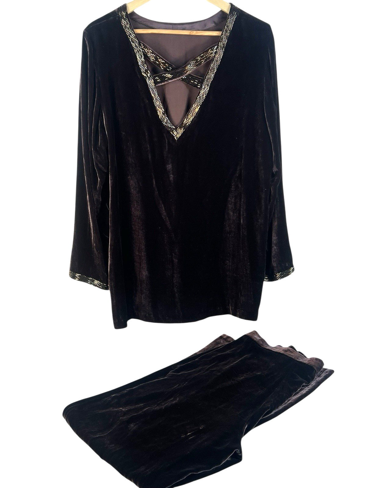 vtg Tesori sz 8 silk velvet top and pants loose fitting raisin brown beaded