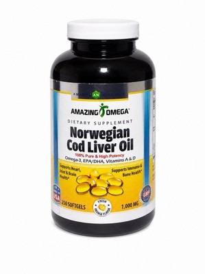 Norwegian Cod Liver Oil 1000mg 250 Softgels Omega 3 EPA DHA Orange Flavor