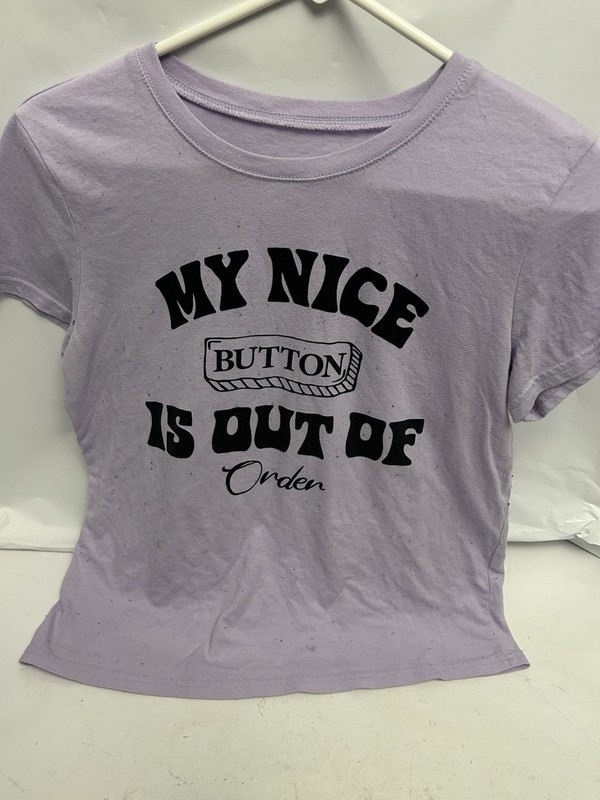 Wound Up kids girls Large 11/13 my nice button is out of order purple tshirt