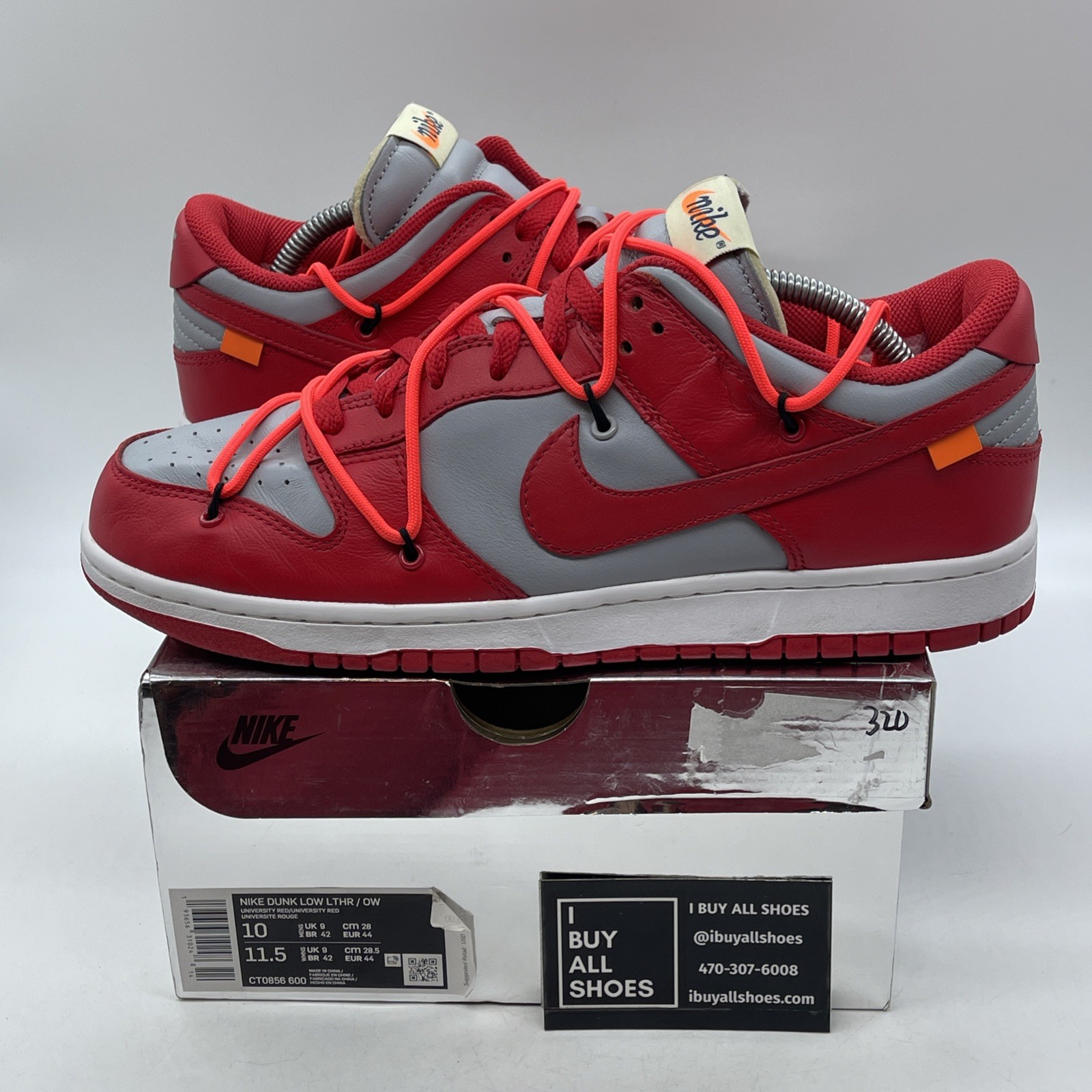 OFF WHITE X NIKE Taglia 10 Nike Dunk Low x OFF WHITE University rosso grigio pelle (CT0856 600)
