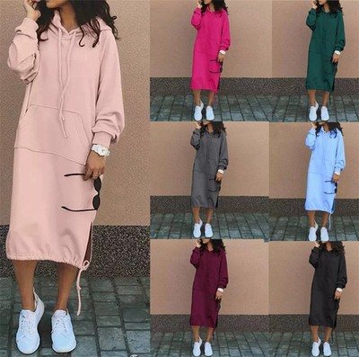 Damen lange Sweatshirt Jacke Hoodie Long Pullover Kleid Kapuzenpullover Neu