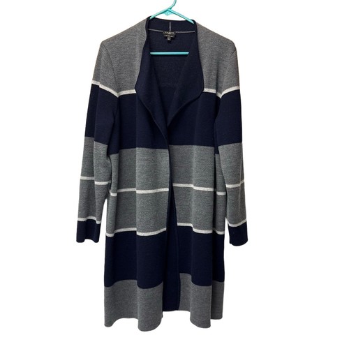 Talbots Damen 1X Merinowolle blau grau Streifen vorne offen Staubmantel Strickjacke