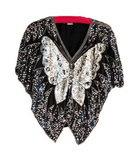 VTG 70s 100 Silk Silver and Black Sequin Beaded BUTTERFLY Disco Top Size M/L