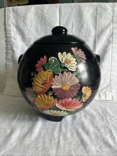 Vintage Cookie Jar Ransburg Black Hand Painted Flowers Stoneware Crock Pottery