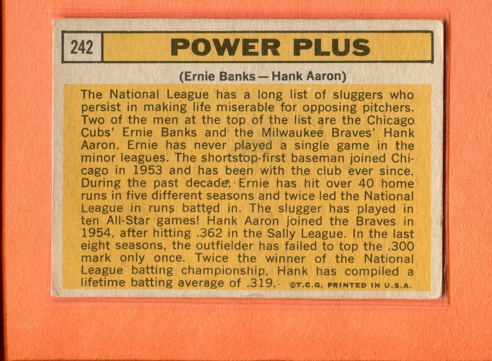 Tarjeta de béisbol Ernie Banks Hank Aaron 1963 Topps MLB #242 POWER PLUS Foto 2 de 2