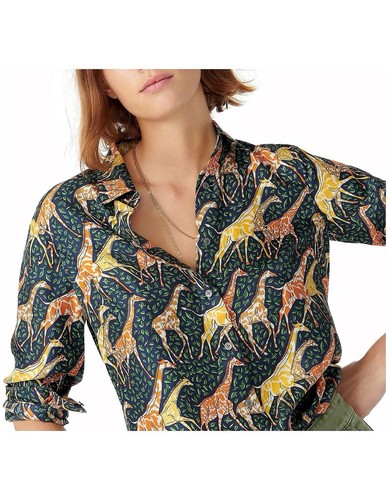 J. Crew Collection Hemd Giraffenmuster Seide Twill Knopfleiste Größe 8 Langarm