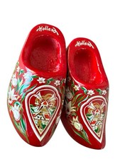 Vintage Hand Painted Red Wooden Clogs Dutch Windmill Floral Design 2.5 Inches