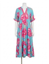 Umgee Floral Contrast Trim Midi Dress Blue
