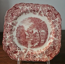 Vintage Johnson Brothers Mill Stream Pink /Red  7 3/4" Square Salad Plate
