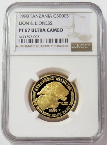 1998 GOLD TANZANIA 1/2oz LION & LIONESS 5,000 SHILINGI NGC PROOF 67 ULTRA CAMEO