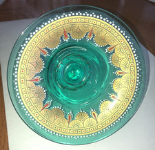 Salviati Moser Venetian Green Art Glass Footed Bowl Gold Persian-Decore w Enamel