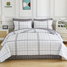 King Comforter Set-7 Pieces Bed in a Bag Plaid Bedding Sets with Black White Com