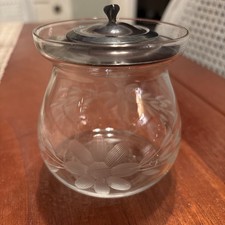 Vintage Etched Glass Mustard or Jam Jar
