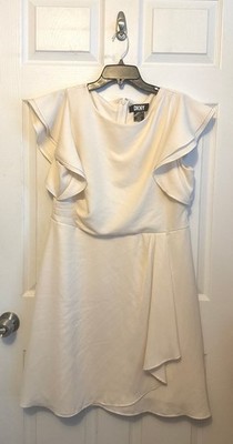 DKNY Womens Ruffle Short Sleeve Crepe Dress Eggshell (Cream) Size 14 NEW